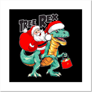 Santa Riding Dinosaur T-rex Posters and Art